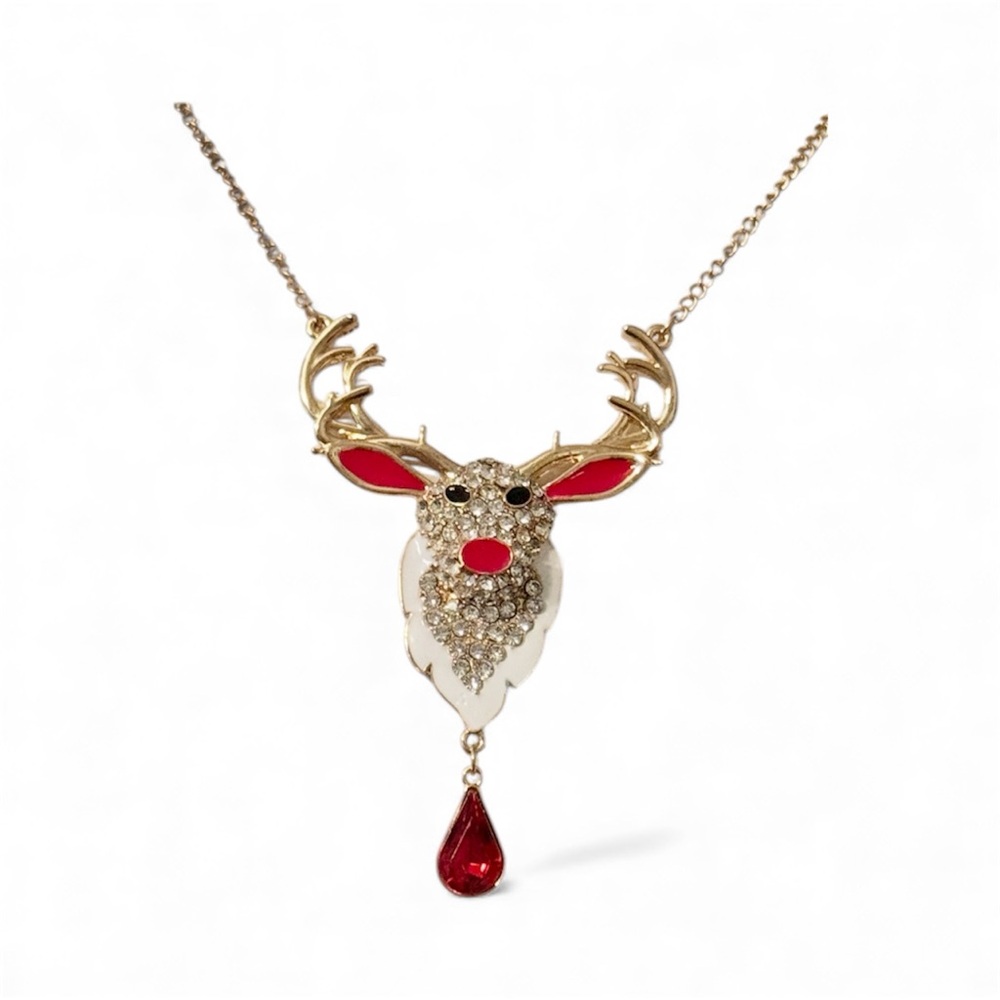 NWOT Christmas Reindeer Rhinestone Pendant Chain Necklace